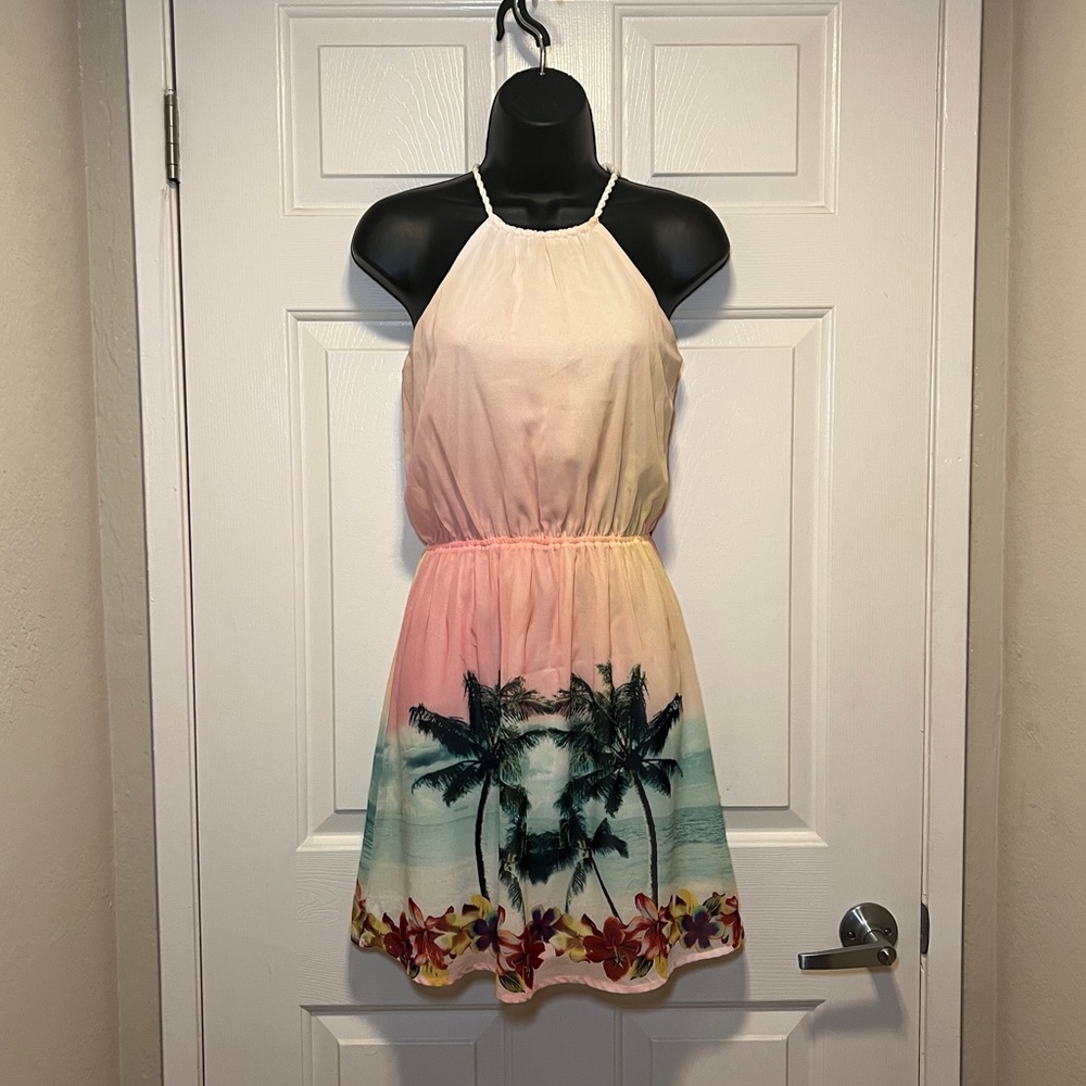 Tropical Palm Tree Ombre Colorful Flirty Elastic Mini Halter Dress Bershka S